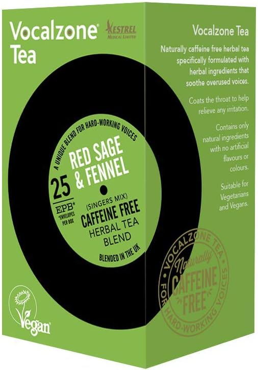 Vocalzone Tea For Throat & Voice Care - Red Sage & Fennel. Caffeine Free Herbal Tea Blend. 25 Tea Bags. Contains Liquorice Root
