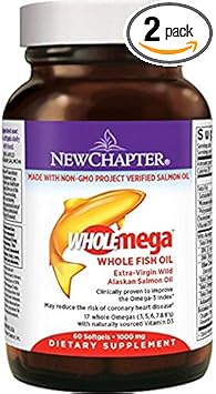 New Chapter Fish Oil Supplement - DHA (Docosahexaenoic Acid) 220 mg, Wholemega Wild Alaskan Salmon Oil with Omega-3 + Vitamin D3 + Astaxanthin + Sustainably Caught - 60 Count (2 Box)