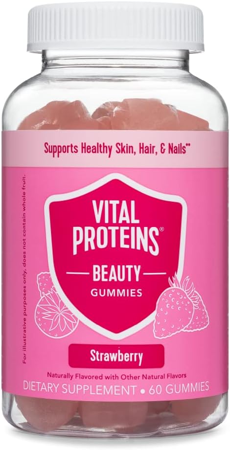 Vital Proteins Beauty Gummies, 2500Mcg Biotin, Vitamin A, Zinc Supplement, Helps Supporth Healthy Hair, Skin, And Nails, 60 Ct, 30-Day Supply, Strawberry Flavor