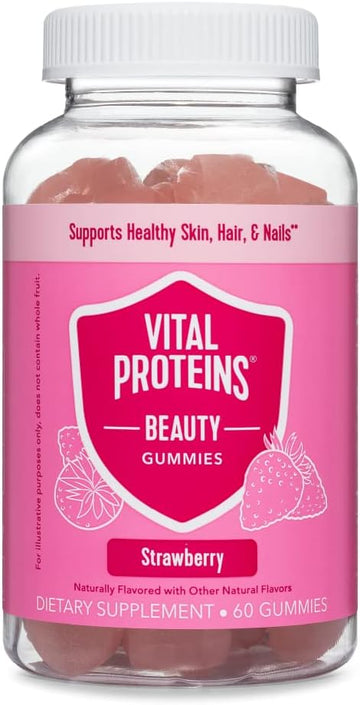 Vital Proteins Beauty Gummies, 2500mcg Biotin, Vitamin A, Zinc Supplement, Helps Supporth Healthy Hair, Skin, and Nails, 60 ct, 30-Day Supply, Strawberry Flavor