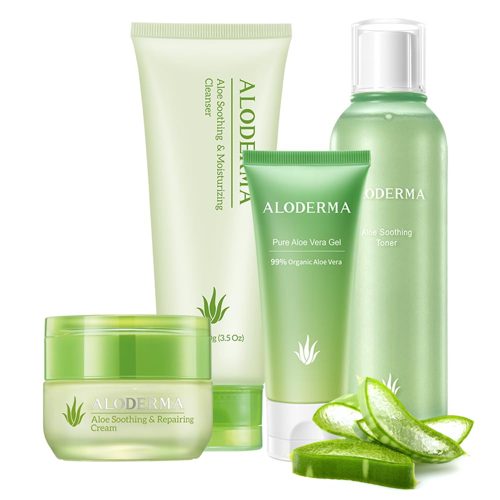 Aloderma Essential Aloe Soothing & Repairing Skin Care Set - 4 Pieces - Gel, Cleanser, Toner, Cream