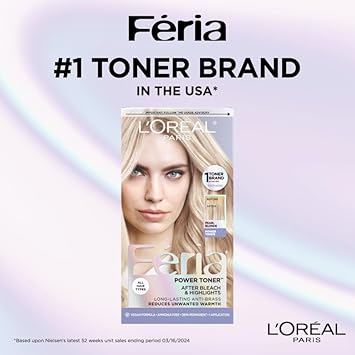 L'Oreal Paris Feria Long-Lasting Anti Brass Power Hair Toner, Ammonia Free Demi Permanent Hair Color, Pearl Blonde Hair Toner, 1 Application