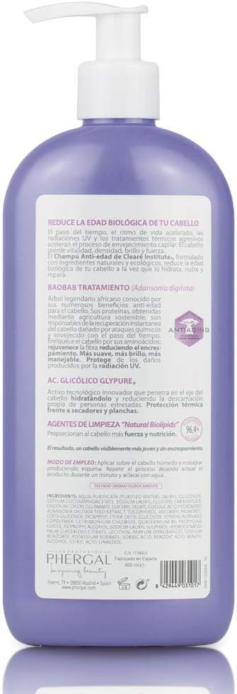 Cleare Institute Anti-Aging Repair Shampoo - Repairs and Rejuvenates Your Hair, Hydrates and Nourishes, SLE Sulfates, SLS, Silicones and Parabens, 96% Natural Ingr, Anti-Crepe Hair - 400 ml