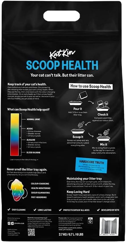 KatKin Scoop Health Litter (2.7kg/6.7L bag): Health-Monitoring Colour-Changing Cat Litter Made With Odour-Eliminating, Fast-Absorbing, Long-Lasting Silica Crystals – For Kitten and Cat Litter Trays