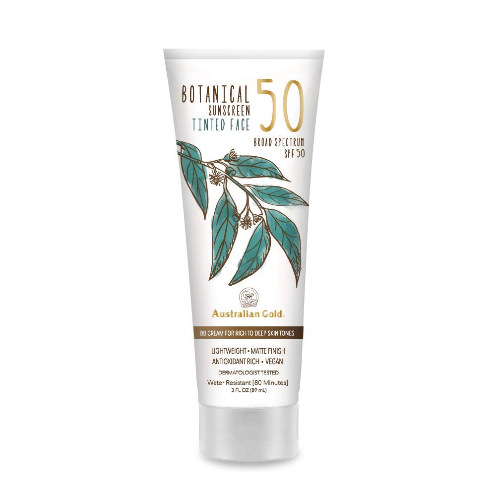 Australian Gold Botanical SPF 50 Tinted Sunscreen for Face, Non-Chemical BB Cream & Mineral Sunscreen,Water-Resistant,Matte Finish,For Sensitive Facial Skin,Rich to Deep Skin Tones, 3 FL Oz, Rich-Deep