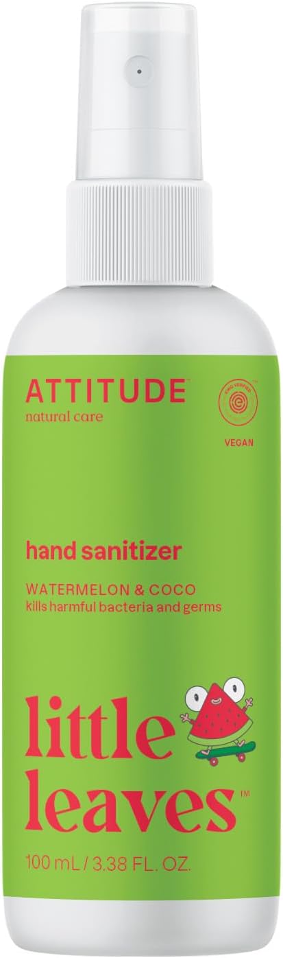 ATTITUDE Hand Sanitizer Spray for Kids, Perfect Travel Size Format, Kills Bacteria and Germs, Vegan and Cruelty-Free, Watermelon & Coco, 3.5 Fl Oz