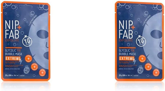 Nip + Fab Glycolic Acid Fix Extreme Bubble Sheet Mask For Face With 2% Glycolic Acid, Hyaluronic Acid And Charcoal, Exfoliating Resurfacing Aha Cleansing Facial Mask, 23 Gram (Pack Of 2)