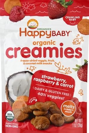 Happy Baby Organics Creamies Freeze-Dried Veggie & Fruit Snacks With Coconut Milk, Strawberry Raspberry & Carrot, 1 Ounce (Pack Of 1)