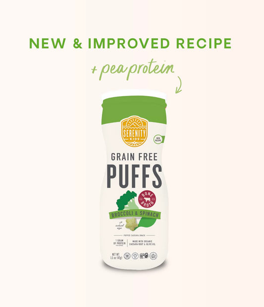 Serenity Kids 6+ Months Grain Free Puffs Toddler & Baby Snack | No Added Sugar, Gluten & Rice Free, Allergen Free | Made With Organic Cassava, Veggies, And Herbs | Broccoli & Spinach | 1 Count