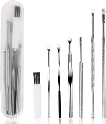 7 Pcs Ear Pick Earwax Removal Kit, Betybedy Ear Cleansing Tool Set, Ear Curette Ear Wax Remover Tool With Cleaning Brush And Storage Box, Sliver