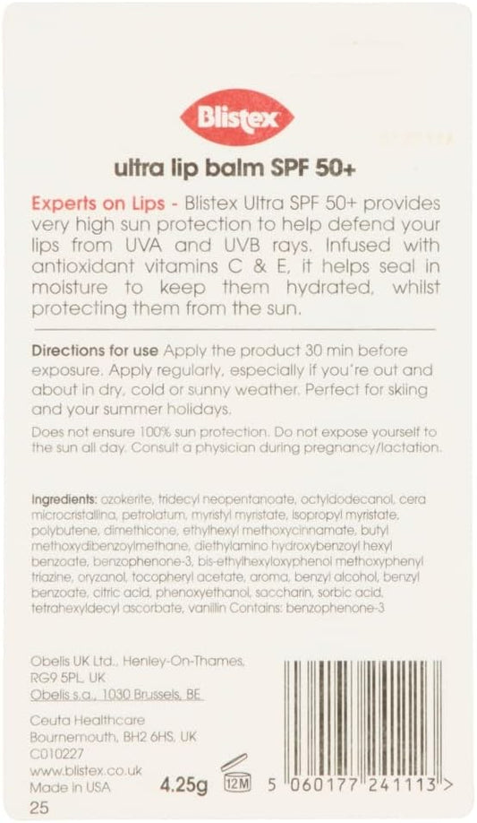 Blistex Ultra Lip Balm With Spf 50+, Lip Protection From Uva And Uvb Rays - 4.25G (Pack Of 12)
