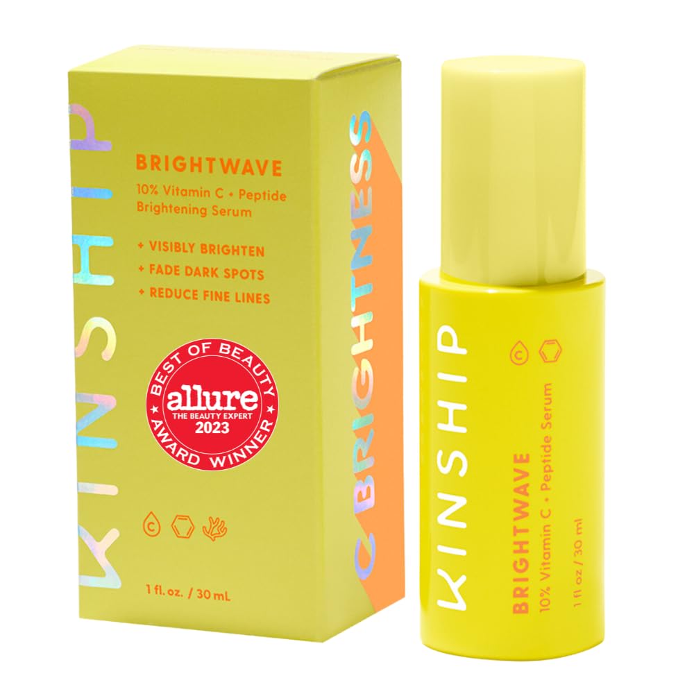 Kinship Brightwave 10% Vitamin C + Peptide Serum - Fade Dark Spots, Reduce Fine Lines & Wrinkles - Brighten, Plump & Smooth Face - Vegan Collagen - Anti-Aging Skincare - All Skin Types (1 Fl Oz)