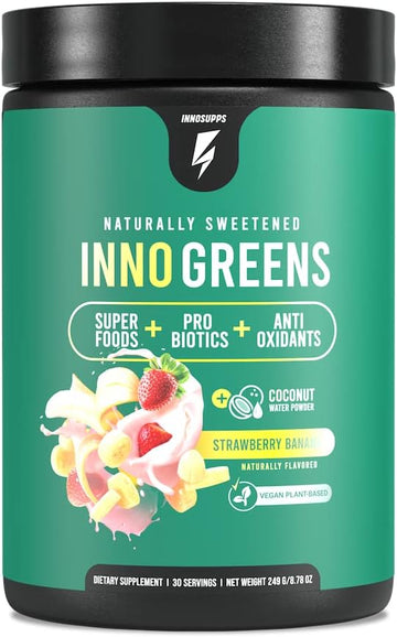 Inno Greens | 28+ Organic Greens & Superfoods | Advanced Prebiotics + Probiotics | Super Antioxidant + Hydration | Spirulina, Chlorella, Ashwagandha | Natural | 30 Servings (Strawberry Banana)