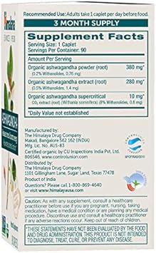 Himalaya Organic Ashwagandha, 90 Day Supply, Herbal Supplement For Stress Relief, Energy Support, Occasional Sleeplessness, Usda Certified Organic, Non-Gmo, Vegan, Gluten Free, 670 Mg, 90 Caplets