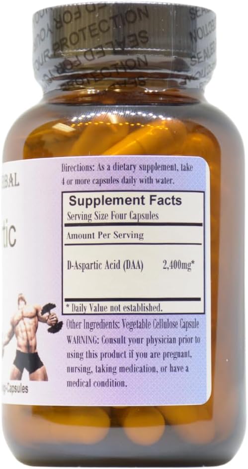 Barlowe'S Herbal Elixirs D-Aspartic Acid Supplement | Daa | 600 Mg Per Capsule | 60 Veggie Capsules | Athletic Performance | Stearate Free | Glass Bottle