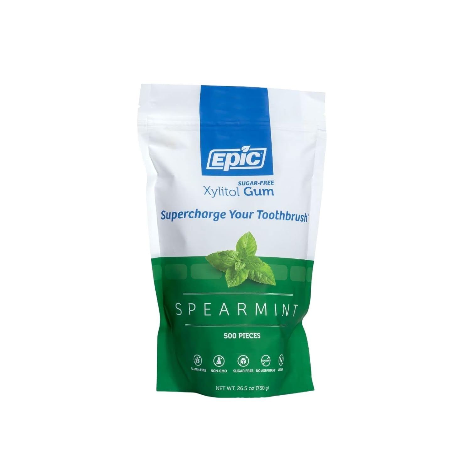 Epic Xylitol Chewing Gum - Sugar Free & Aspartame Free Chewing Gum Sweetened w/Xylitol for Dry Mouth & Gum Health (Spearmint, 500-Piece Bag, 1 Bag)