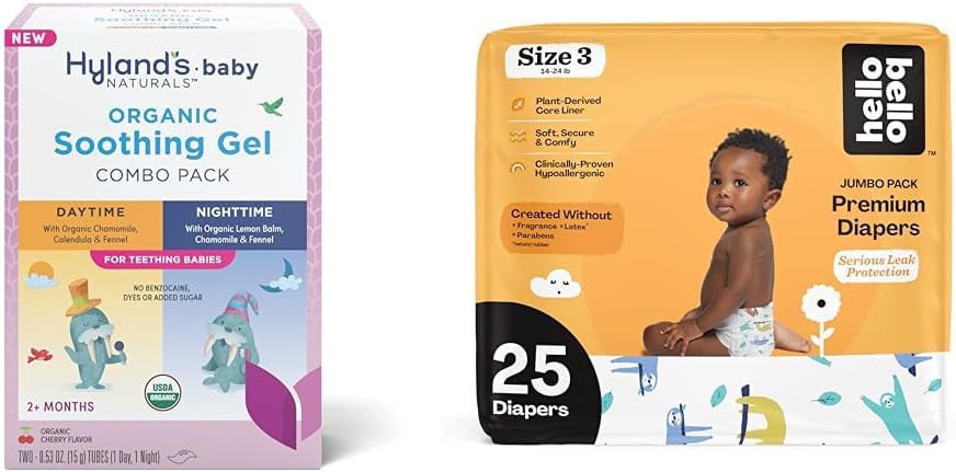 Hyland's Baby - Organic Day/Night Soothing Gel Combo Pack, Natural Relief of Oral Discomfort (2 Tubes of 0.53 oz.) + Hello Bello Premium Baby Diapers Size 3, 25 Count : Baby