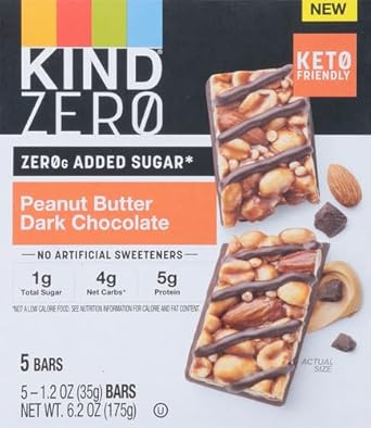 Kind Zero Added Sugar Bars, Keto Friendly Snacks, Peanut Butter Dark Chocolate, 6.2Oz Box (5 Bars)