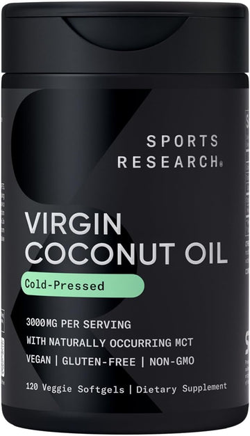 Sports Research® Organic Coconut Oil Capsules 3000Mg - Cold Pressed Extra Virgin Coconut Oil With Medium Chain Triglycerides (Mcts) - Vegan Friendly & Non-Gmo Verified - 120 Softgels