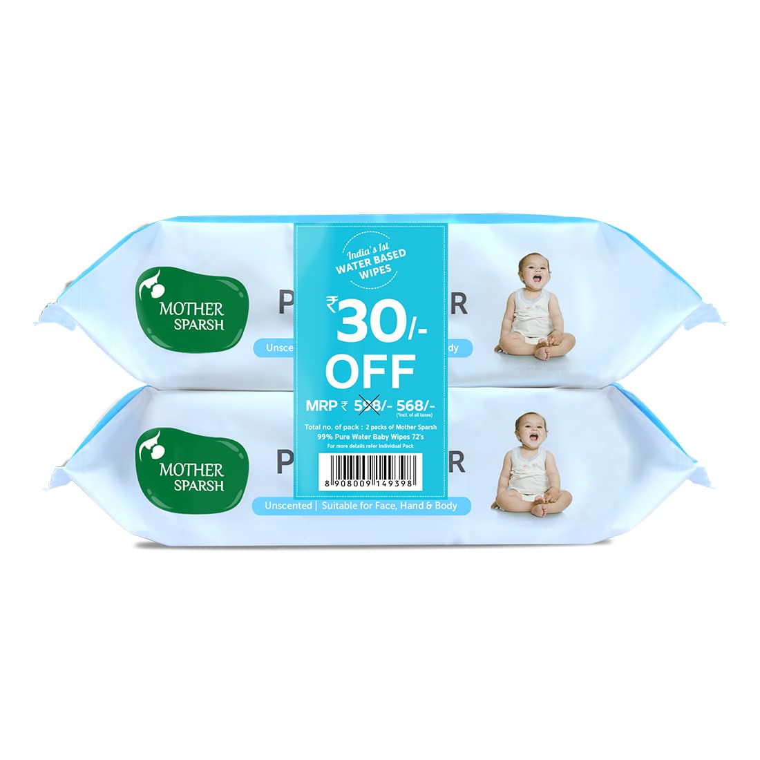 99% Pure Water (Unscented) Baby Wipes I Natural Plant Made Cloth - Super Thick I 72 Pcs/Pack - Pack Of 2 (Super Saver Pack)