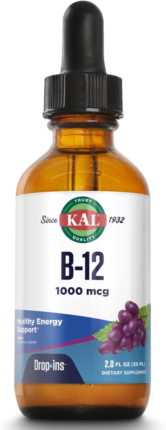 KAL B12 1000 mcg DropIns, High Absorption Liq B12 Vitamin, Healthy Energy Supplements for Metabolism, Heart Health, Nerve, Red Blood Cell Support, Natural Grape avor B12 Drops, 196 Servings, 2