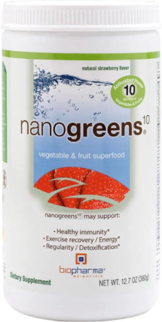 Biopharma Scientific NanoGreens: Greens Superfood Fruit & Vegetable Powder for Digestive Health & Immunity with Spirulina, Chlorella, Kale, Spinach, Plant Based, Strawberry Flavor, 30 Servings