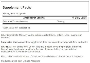 Swanson Raw Pancreas Glandular 500 Milligrams 60 Capsules