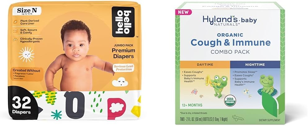 Hello Bello Premium Baby Diapers Size Newborn, 32 Count of Disposable Comfort Fit Diapers - Design: Alphabet Soup + Hyland's Baby - Organic Cough & Immune Day & Night Combo Pack (4 fl oz) : Baby