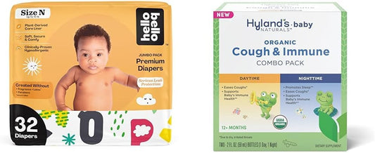 Hello Bello Premium Baby Diapers Size Newborn, 32 Count of Disposable Comfort Fit Diapers - Design: Alphabet Soup + Hyland's Baby - Organic Cough & Immune Day & Night Combo Pack (4 fl oz) : Baby