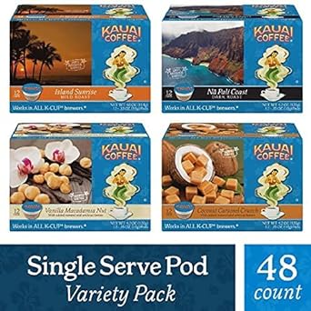 Kauai Coffee Starter Variety Pack of Island Sunrise, Na Pali Coast, Vanilla Macadamia Nut, Coconut Caramel Crunch –Compatible with Keurig Pods K-Cup Brewers (4 Packs of 12 Single-Serve Cups) : Grocery & Gourmet Food