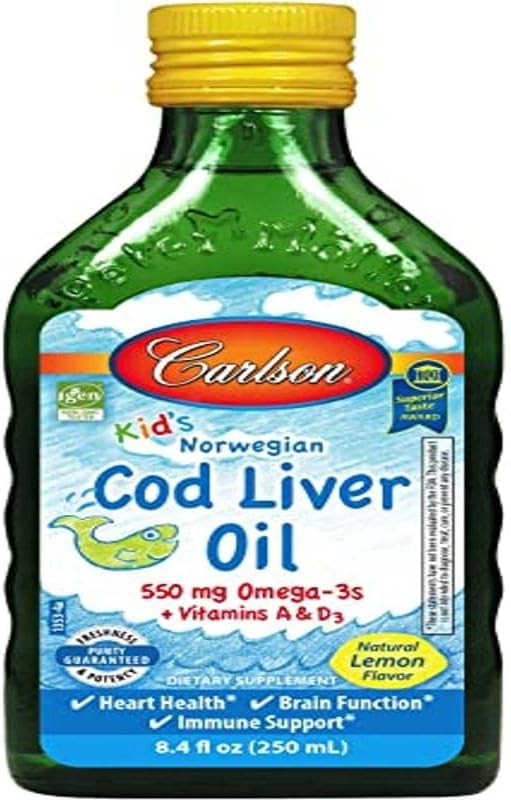 Carlson - Kid's Cod Liver Oil, 550 mg Omega-3s, Vitamins A & D3, Wild Norwegian, Lemon, 250 mL