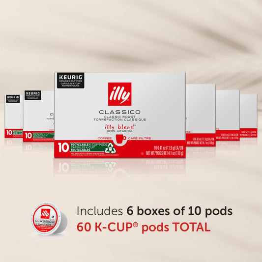 Illy Coffee K Cups - Coffee Pods For Keurig Coffee Maker – Classico Roast - Caramel, Orange Blossom & Jasmine - Mild, Flavorful & Balanced Flavor Pods of Coffee - No Preservatives – 10 Count, 6 Pack