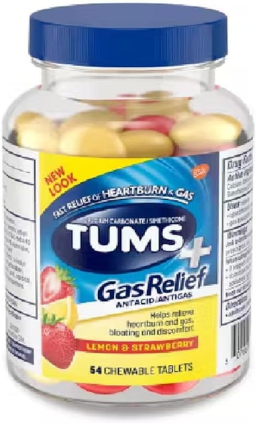 Tums Chewy Bites Chewable Antacid Tablets With Gas Relief, Lemon & Strawberry - 54 Count