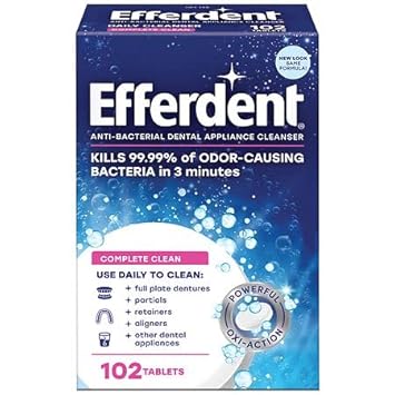 Efferdent Denture Cleaner Tablets 204 Complete Clean Bundle with Dentu-Care Denture Brush for Maintaining Good Oral Care for Full Partial Dentures