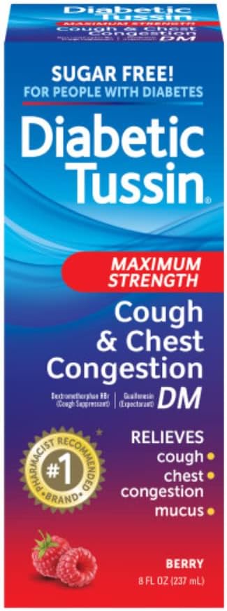 Diabetic Tussin Dm Maximum Strength Cough Medicine With Chest Congestion Relief - 8 Fl Oz - Liquid Cough Syrup, Safe For Diabetics, Berry Flavored