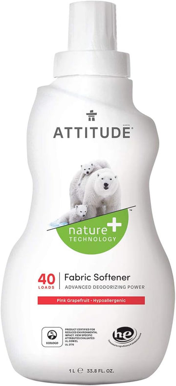 Attitude Laundry Fabric Softener Liquid, Vegan And Naturally Derived Detergent, Plant Based, He Washing Machine Compatible, Pink Grapefruit, 40 Loads, 33.8 Fl Oz