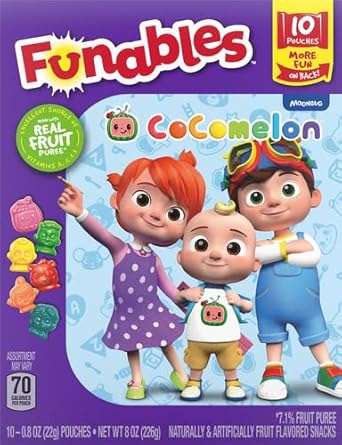 Funables Fruity Snacks, Cocomelon, Assorted Fruit Flavored Snacks, 0.8 Oz 10 Ct