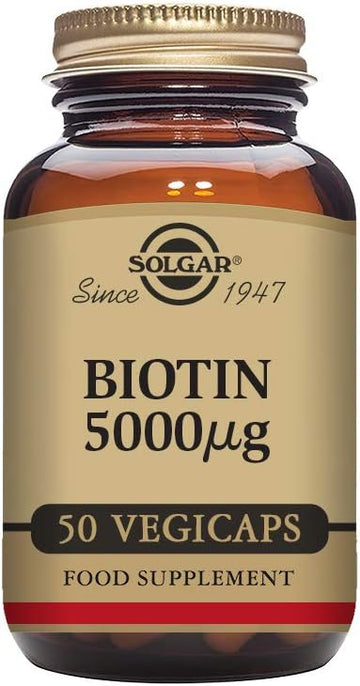 Solgar Biotin 5000 mcg Vegetable Capsules - High Strength Formula - Supports Hair Growth, Glowing Skin, Energy & Vitality - Health Supplement - Sugar Free - Suitable for Vegans - Pack of 50