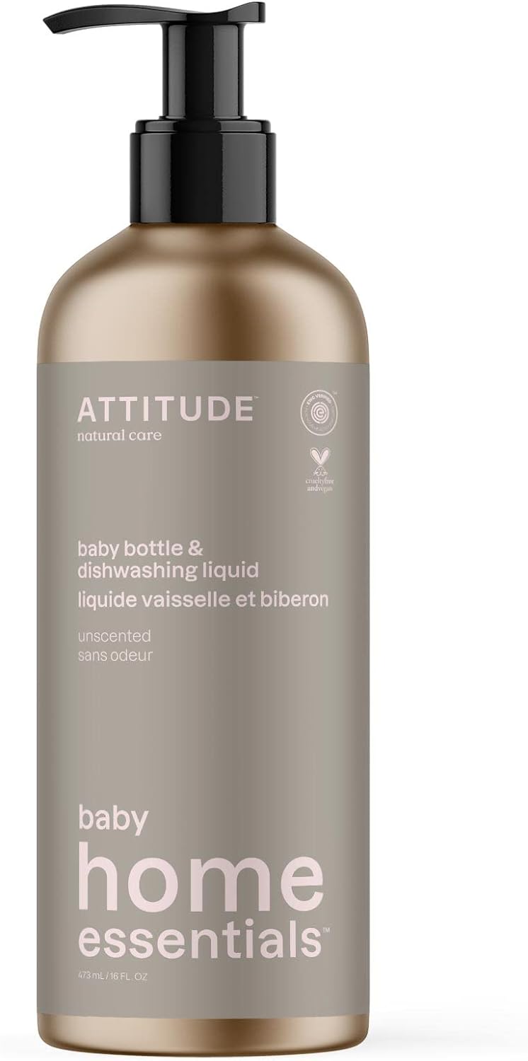 Attitude Baby Dish Soap And Bottle Cleaner, Ewg Verified Dishwashing Liquid, No Added Dyes Or Fragrances, Tough On Milk Residue And Grease, Vegan, Refillable Aluminum Bottle, Unscented, 16 Fl Oz