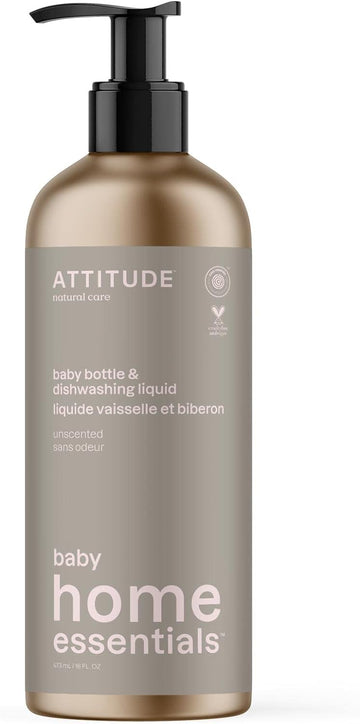 ATTITUDE Baby Dish Soap and Bottle Cleaner, EWG Verified Dishwashing Liquid, No Added Dyes or Fragrances, Tough on Milk Residue and Grease, Vegan, Refillable Aluminum Bottle, Unscented, 16 Fl Oz