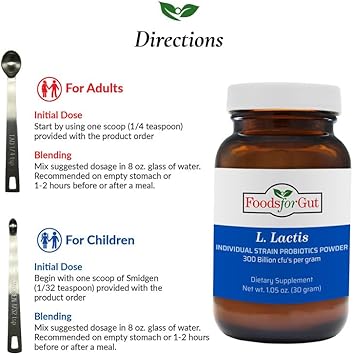 Foods For Gut Lactobacillus Lactis Probiotic Powder 300 Billion Cfu'S | Made In Usa | No Additives | Digestive & Immune Support | High Potency | L. Lactis | 30 Grams (1.05 Oz) : Health & Household