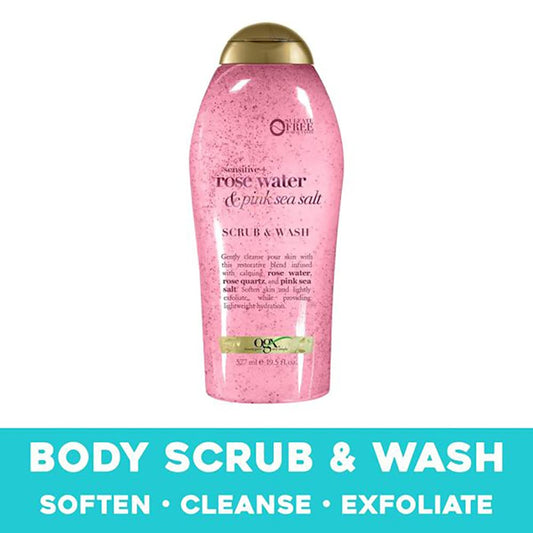 Ogx Sensitive + Pink Sea Salt & Rosewater Sulfate-Free Soothing Body Scrub With Healing Rose Quartz, Gentle Exfoliating Daily Body Wash To Soften & Smooth Skin, 19.5 Fl Oz (Pack Of 3)