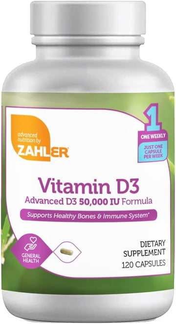 Zahler - Advanced Vitamin D3 50000 Iu Softgels (120 Count) Kosher Vegetarian Friendly Vitamin D For Immune Support, Bone, Teeth & Muscle Health - Weekly D3 Vitamin Supplement- Easy Swallow Vit D 3