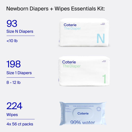 Coterie Baby Diapers + Wipes Baby Kit, Size 1 (198 Count) Size Newborn (93 Count) 4 Wipe Packs (224 Wipes) Made With Plant Derived Fibers, Hypoallergenic, For Sensitive Skin, Clean Ingredients