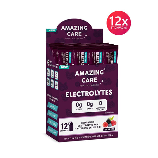 Amazing Care Sugar Free Electrolytes Powder Packets For Optimal Hydration - Wild Berry Flavor 12 Sticks