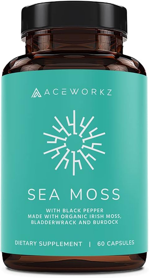 Aceworkz Usda Certified Organic Irish Sea Moss Capsules, Burdock Root & Bladderwrack With Bioperine® - Prebiotic Super Food - Thyroid And Gut Health - Healthy Skin & Anti-Aging (60 Capsules)
