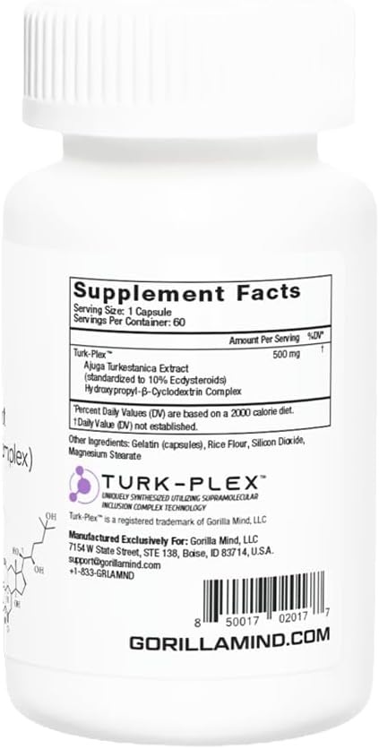 Gorilla Mind Turk-Plex (Turkesterone) - Complexed With Hydroxypropyl--Cyclodextrin For Enhanced Bioavailability (500 Mg X 60 Capsules)
