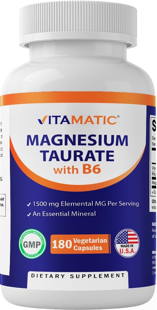 Vitamatic Magnesium Taurate 1500mg per Serving - 180 Vegetarian Capsules (Provides 300 mg of Elemental Magnesium) - Added B6 for Maximum Absorption - Supports Muscle, Joint, and Heart Health