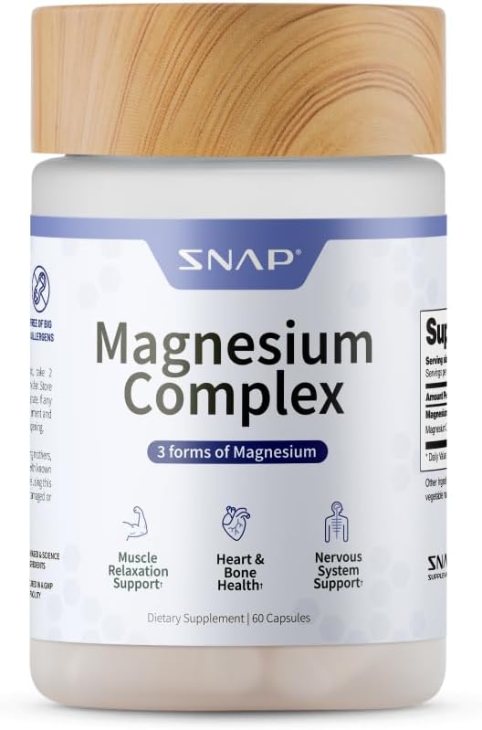 Snap Supplements 3-In-1 Magnesium Complex Supplement, Magnesium Bisglycinate, Oxide, Citrate, Triple Magnesium Complex, 60 Capsules