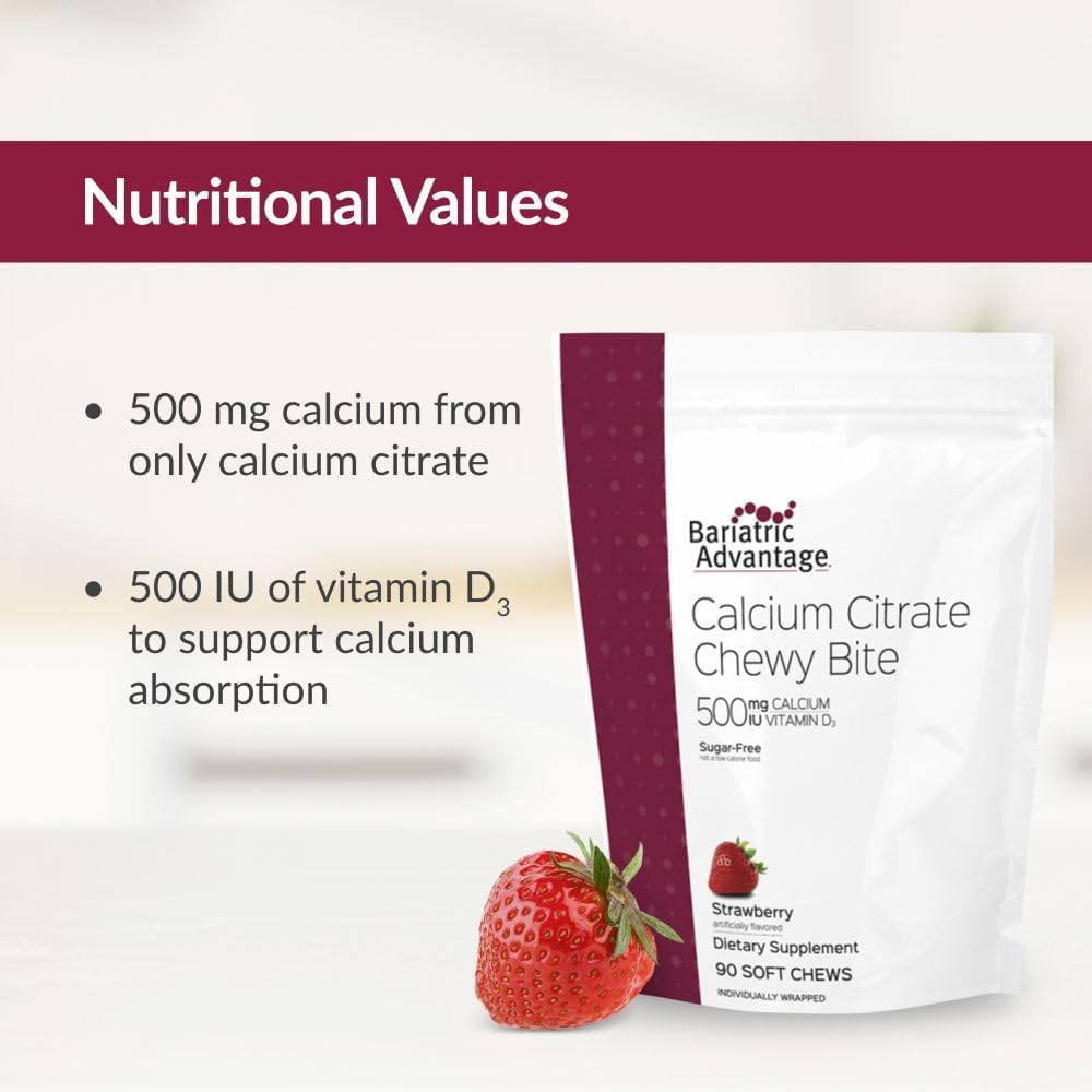 Bariatric Advantage Calcium Citrate Chewy Bites 500 Mg - For Bariatric Surgery Patients - Vitamin D3 - Sugar-Free Chewable Calcium Supplement - Bariatric Chews - Strawberry Flavor - 90 Count : Health & Household